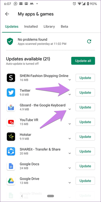 check for the apps update